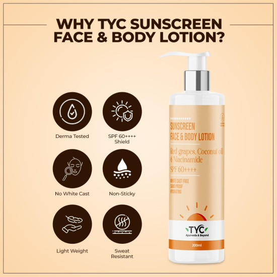 TYC - TRUST YOUR CHOICE Sunscreen Spf 60++++ Face And Body Lotion, With Coconut Oil And Niacinamide, No White Cast And Sand Proof, Hydrating Ayurvedic And Natural, For All Skin Types (200 Ml)