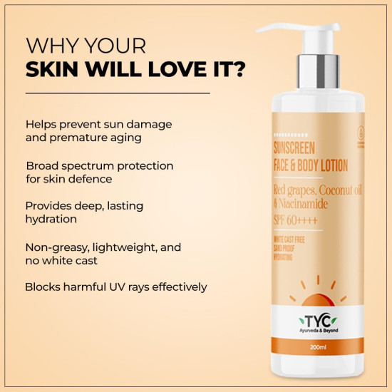 TYC - TRUST YOUR CHOICE Sunscreen Spf 60++++ Face And Body Lotion, With Coconut Oil And Niacinamide, No White Cast And Sand Proof, Hydrating Ayurvedic And Natural, For All Skin Types (200 Ml)