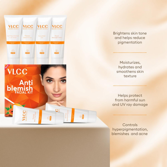 VLCC Anti-Blemish Facial Kit - 60g | Brightening for Dry, Sensitive and Oily Skin Types | Fights Blemishes and Dullness | Protects and Nourishes