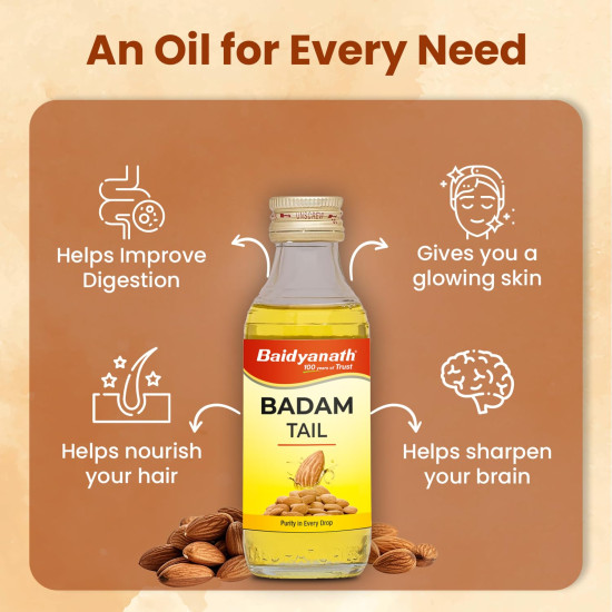 Baidyanath Badam Tail-100ml, Rich in Vitamin-E | Sweet Almond Oil for Healthy Hair & Glowing Skin | Helps & Improve Digestion | Naturally Sourced From Almonds (Pack of 1)