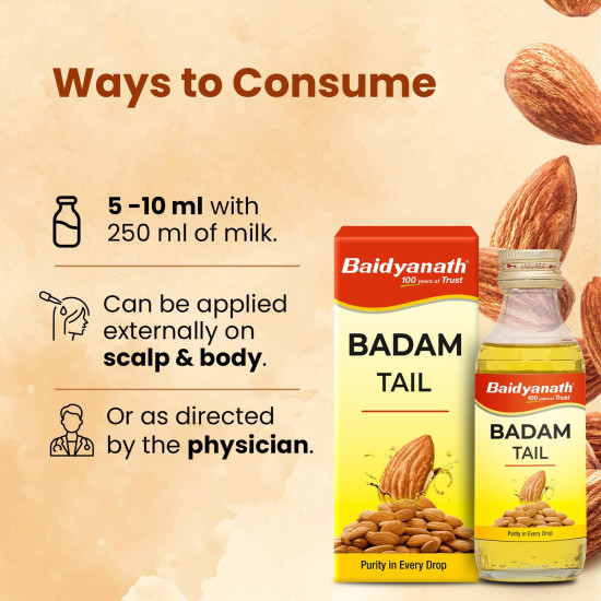 Baidyanath Badam Tail-100ml, Rich in Vitamin-E | Sweet Almond Oil for Healthy Hair & Glowing Skin | Helps & Improve Digestion | Naturally Sourced From Almonds (Pack of 1)