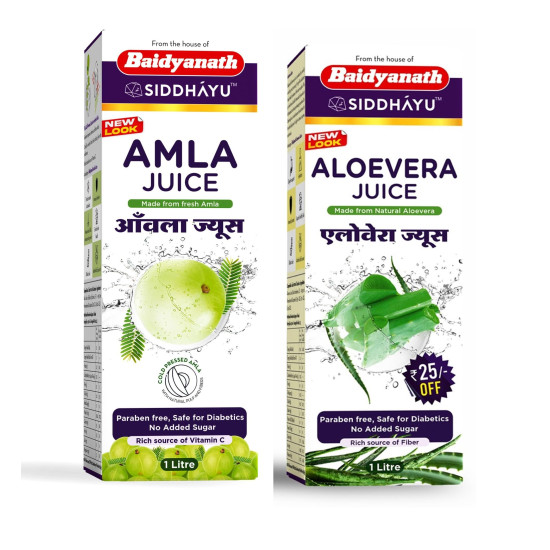 Baidyanath Asli Ayurved Amla Juice 1L Cold Press + Aloe Vera Juice 1L | Cold-Pressed, Vitamin C, Supports Immunity & Digestion, Combo For Glowing Skin, Hair Care, And Detox