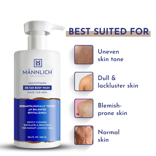 Mannlich De-Tan & Detox Body Wash (300 ml) | 2% Kojic Acid Body Wash for Pigmentation, Tan Removal, Deep Cleansing & Brightening with Multivitamin