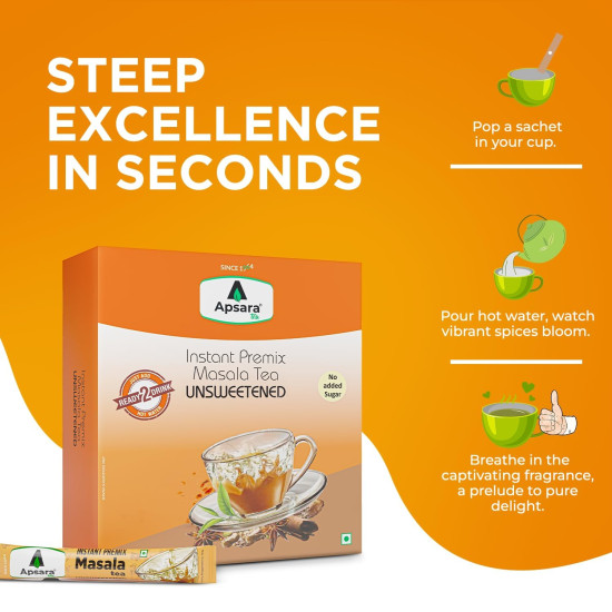 APSARA Instant Tea Premix Unsweetened Masala Tea 36 Sachets|Ready To Drink Tea With No Added Sugar|Enriched with Ginger, Cardamom, Pepper and Indain Spices, Sugar Free Masala Chai, 432 gram