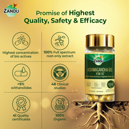 Zandu Ashwagandha KSM-66 (600 mg high dose formula) Tablets | Clinically Proven for 72% Decrease in stress and anxiety levels I Boosts Energy & Strength | 60 tablets I 100% Pure Root Extract