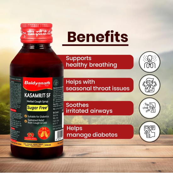 Baidyanath Kasamrit Sugar Free Herbal and Ayurvedic Cough Syrup, Non-Drowsy Formula, with Goodness of Tulsi, Mulethi, Pippal, Chhoti Kateri and 9 other Essential Herbs | 200 Ml