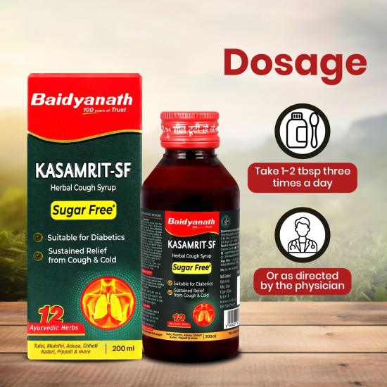 Baidyanath Kasamrit Sugar Free Herbal and Ayurvedic Cough Syrup, Non-Drowsy Formula, with Goodness of Tulsi, Mulethi, Pippal, Chhoti Kateri and 9 other Essential Herbs | 200 Ml