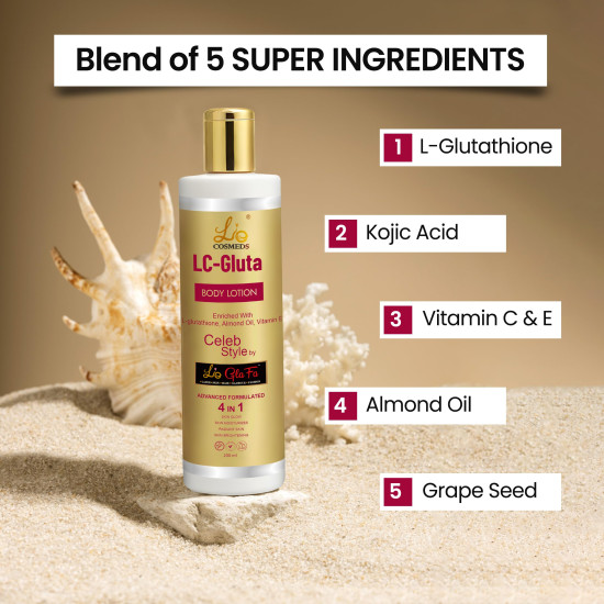 Lio Cosmeds Body Lotion LC Gluta Glutathione Body Lotion for Skin Brightening Glowing Skin Moisturizes Skin & Radiant Skin contains Glutathione Almond Oil & Kojic Acid (200 ml) (Pack of 2)