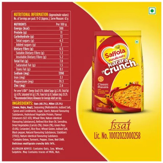 Saffola Masala Oats - Karara Crunch, Classic Masala, Tasty Recipe, 500 g - Delightful Flavors