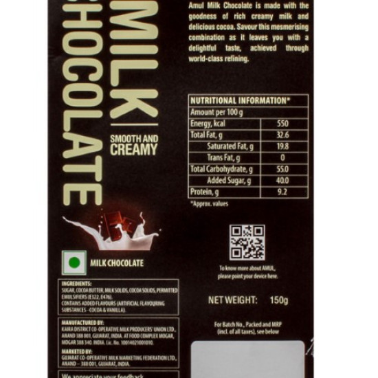 Amul Milk Chocolate Bar 150 G - Rich & Creamy Delight