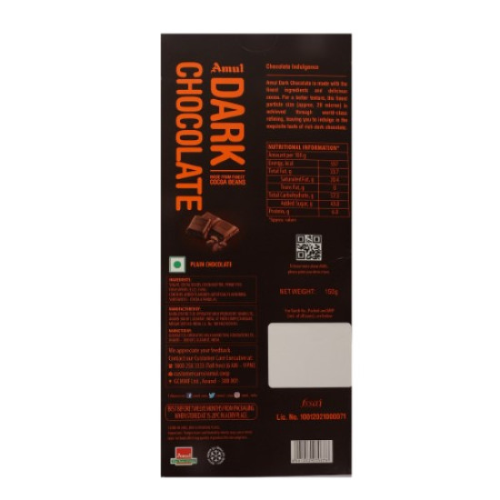 Amul Dark Chocolate Bar 150 G - Premium Cocoa Delight