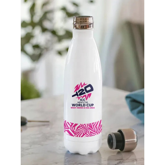 ICC Men's T20 WC-24 White and Pink Printed Stainless Steel Bottle - Stylish Sports Accessory