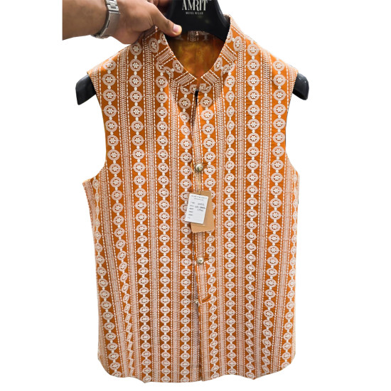 Men's Rust Orange White Printed Designer Nehru Jacket - Perfect for Weddings and Festivals