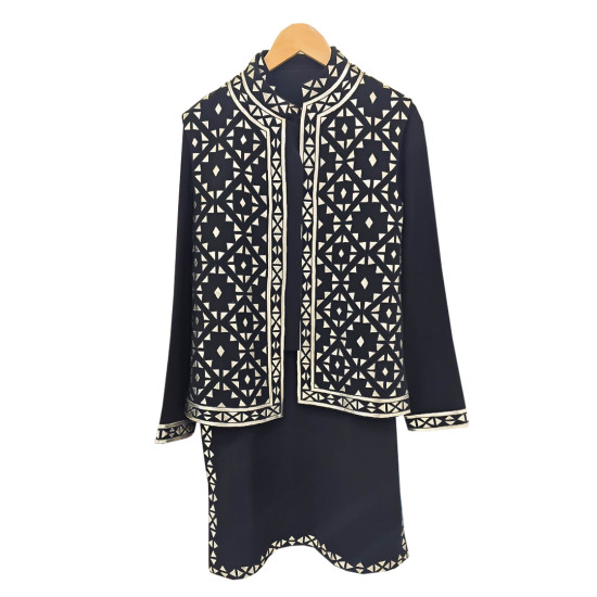 Men's Black Creamy White Printed Designer Bandhgala Set - Elegant Wedding & Festival Wear