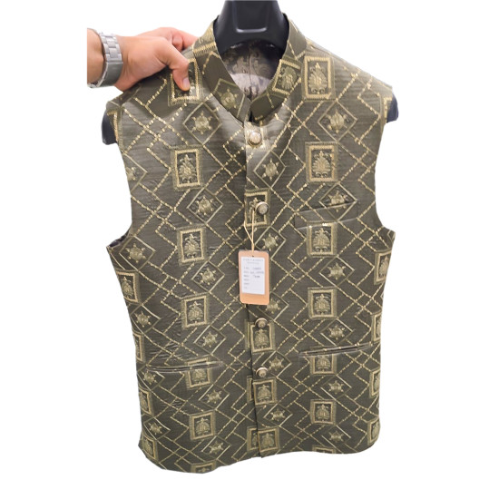Exquisite Men's Dark Olive Embroidery Designer Nehru Jacket - Perfect for Weddings & Festivals