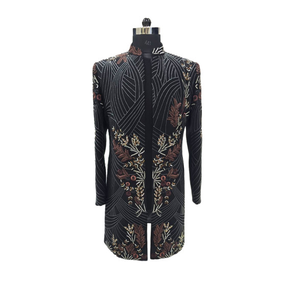 Designer Men's Black Floral Embroidery Bandhgala Set - Perfect for Weddings