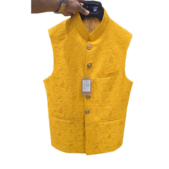 Men's Yellow Leaf Embossed Designer Nehru Jacket - Elegant and Stylish