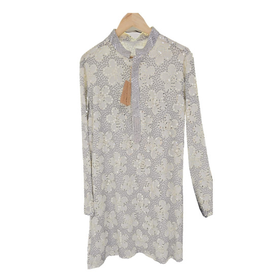 Customized Men's Grey Off White Printed Designer Floral Kurta Set - Perfect for Weddings & Functions